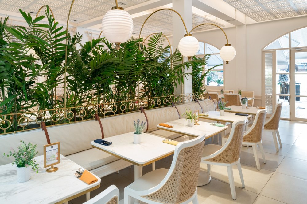 Bulk Order 24 The restaurant features a modern and elegant design with a focus on natural elements.